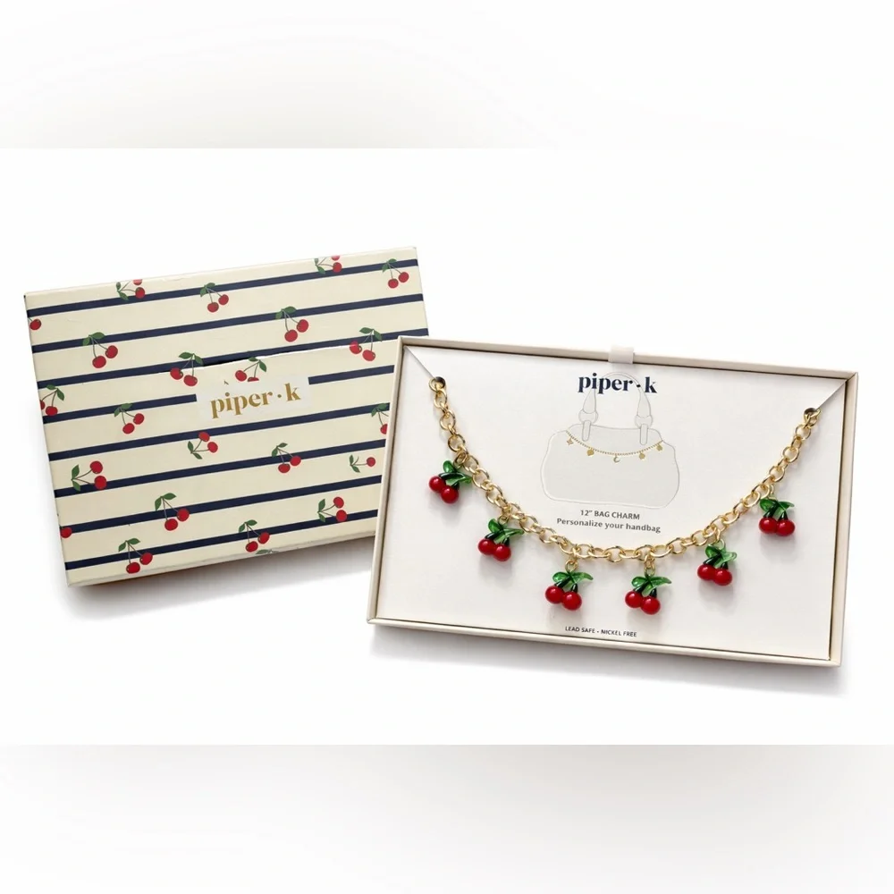 Piper-K Cherry Bag Charm Chain NIB Cute Cherry Purse Charm w/ Box
